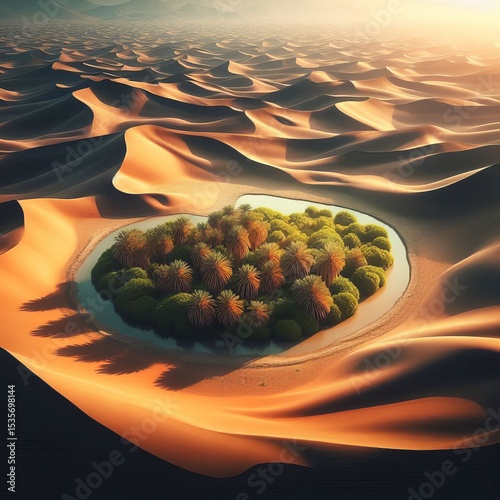 Arid Desert with Sand Dunes and Oasis A barren landscape with ro