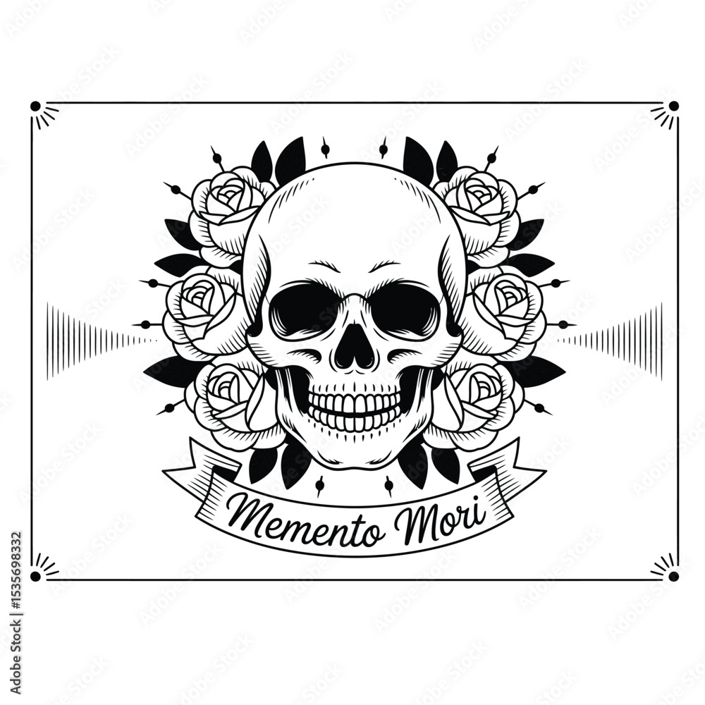 Fototapeta premium a traditional black and white tattoo-style illustration of a skull entwined with roses, in classic flash art design
