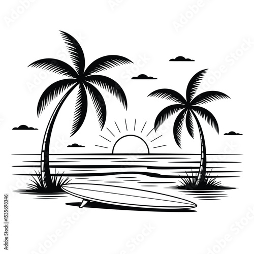 a vintage-inspired black and white line art summer beach scene with palm trees, surfboard, and retro sun in minimal yet detailed style