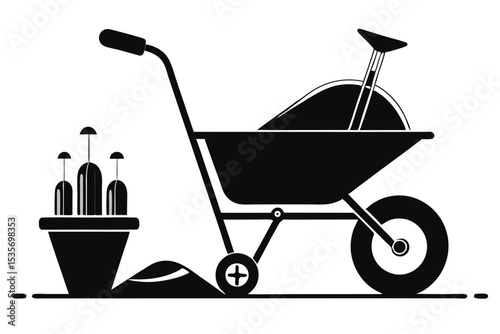 Black and white illustration of garden wheelbarrow plants and soil silhouette design