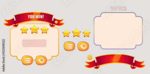 Game interface set, victory win icon. Vector cartoon. Game interface menu set, button set, victory and defeat icon. Blank sign with wooden frame, level up board.