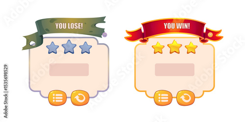 Game interface set, icons, buttons, navigation. Vector cartoon. Game interface menu set. Empty sign, level up board.