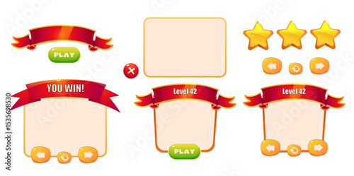 Game interface set, victory level up icon. Vector cartoon. Game interface menu set, button set, victory and defeat icon. Blank sign with wooden frame, level up board.