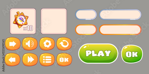 Game interface set, icons, buttons, navigation. Vector cartoon. Game interface menu set,play and ok. Empty sign, level up board.