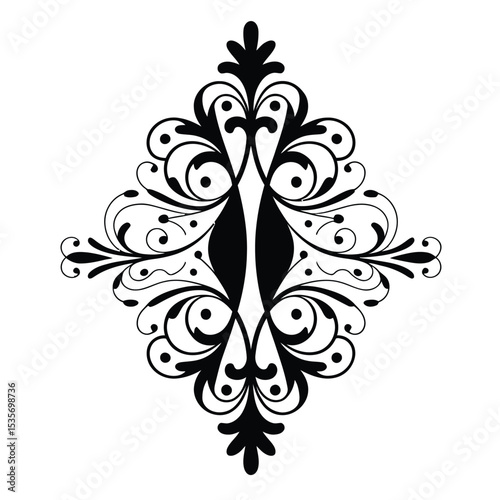 a symmetrical diamond-shaped ornamental silhouette with intricate baroque-inspired scrolls, teardrops, and floral motifs on white background