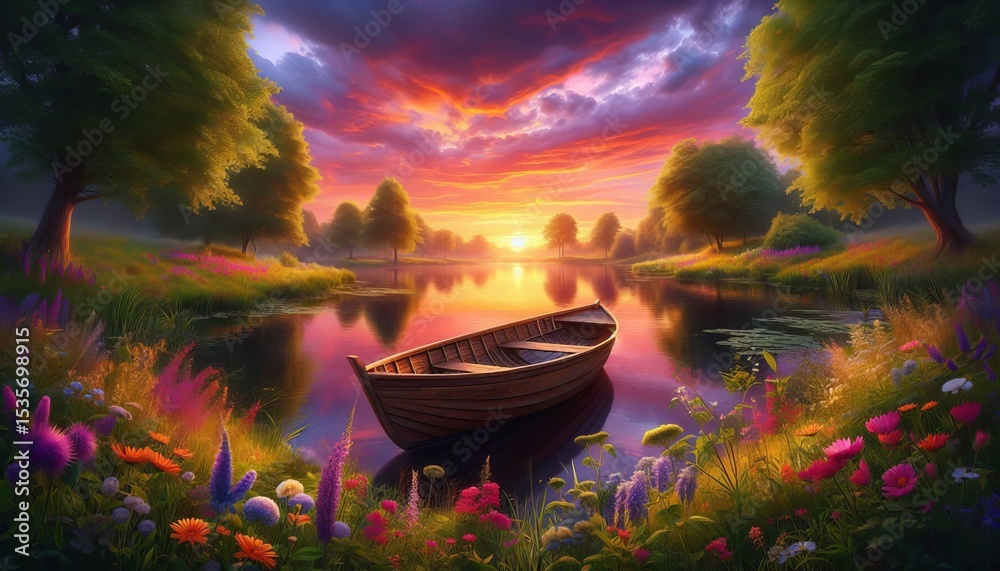 Obraz premium Empty Boat on River at Sunset