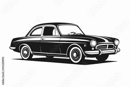 Classic black coupe car illustration in vintage style with white wheels and simple detailing