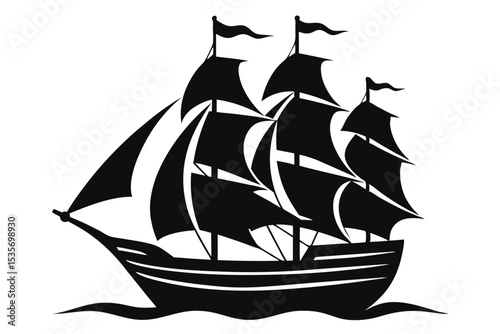 Classic black silhouette illustration of a sailing ship navigating the open ocean waters