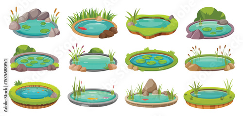 Twelve cartoon illustrations of garden ponds