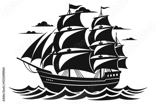 Classic black silhouette illustration of a sailing ship with waves and cloudy sky