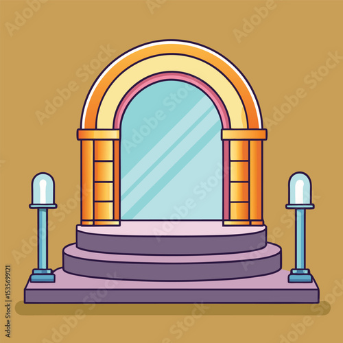 Cartoon Illustration of a Stage with Archway and Lights Ideal for Presentations Events or Theatrical Productions with a Playful and Colorful Design