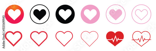 Like love icon buttons, favorites icon, flat icon in modern circle shape, Social media notification icons. emoji post reactions. Vector illustration, hearts collection isolated on white background