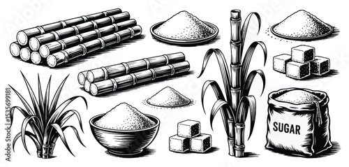 Sugarcane plant and refined sugar illustrations
