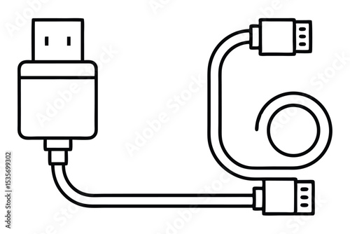 Line art illustration of a usb cable with mini-usb and hdmi connectors isolated on white.