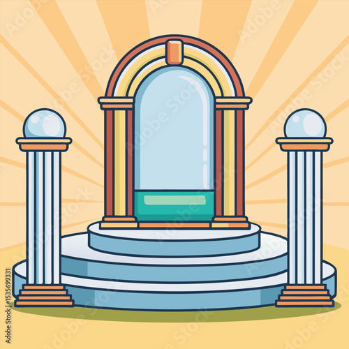 Cartoon illustration of a ceremonial stage with columns a portal and a three tiered platform set against a radiating light background vector illustration
