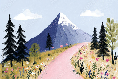 A winding trail invites explorers through a colorful forest filled with blooming flowers and tall trees, leading to a stunning mountain peak capped with snow under a bright blue sky