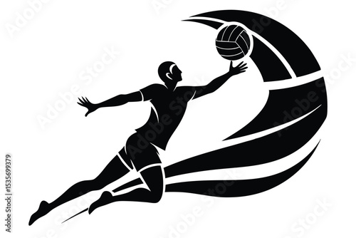 Silhouette of volleyball player spiking the ball with dynamic motion and bold design