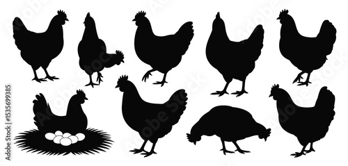 Silhouette collection of hens and eggs in nest