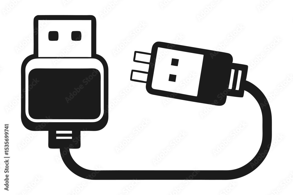 Vector illustration of a usb cable with connectors and plug for data transfer