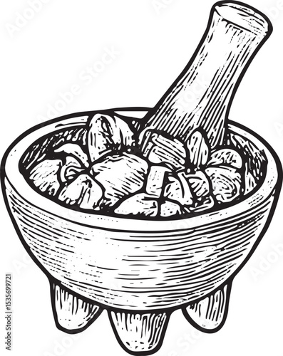 This detailed hand-drawn sketch shows a bowl of zesty salsa, a Mexican condiment. Perfect for culinary designs, recipe books, or restaurant menus, with intricate black-and-white line art 