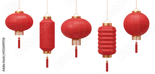 Five red chinese lanterns hanging isolated