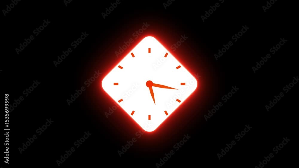 White clock icon animation. Watch or timer symbol. Illuminated red clock abstract illustration against black background representing time measurement