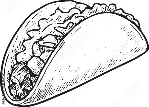 This detailed hand-drawn sketch depicts a classic Mexican taco, filled with savory ingredients like meat and veggies, wrapped in a tortilla. Perfect for culinary designs, restaurant menus, 