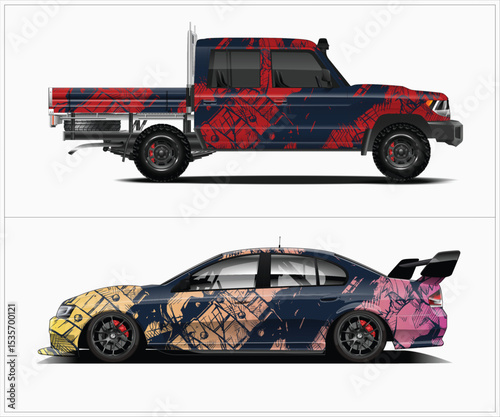 Abstract Design Wraps for Pickup Truck and Sports Car