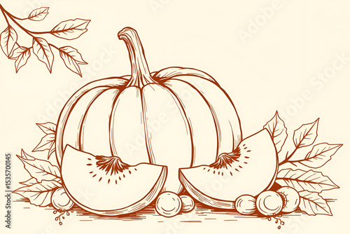 Soft focus vintage line art illustration of a large pumpkin with sliced pieces and nuts, autumn leaves background. Fine brown lines on cream, hazy background, classic harvest theme.