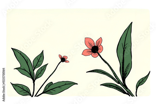Simple pink flower illustration with black center, green leaves on a cream background. Minimalist botanical design, flat line art style, suitable for spring or summer.