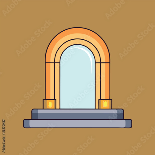 Cartoon Portal or Gateway with Arched Frame and Stone Base Suggesting Magic Fantasy or Transition Isolated on a Brown Background Simple and Stylized