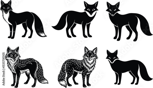 Six Black Fox Silhouettes Wildlife Animal Designs