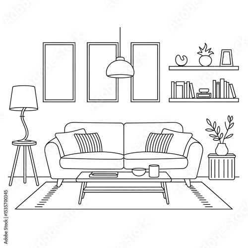 a monochrome vector line drawing of a cozy scandinavian-style living room with sofa, lamp, and bookshelves in clean interior design
