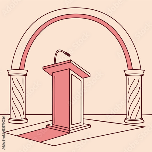 Elegant Podium with Microphone Under Archway Ideal for Presentations Lectures and Public Speaking Events in a Minimalist Style