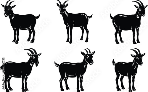 Six Black Goat Silhouettes Farm Animals