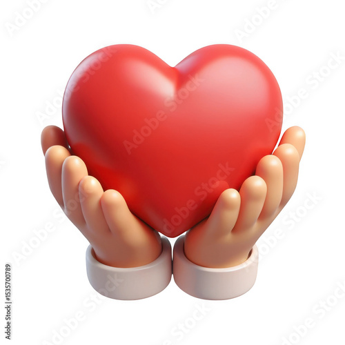 3d cartoon hands holding red heart isolated on transparent background