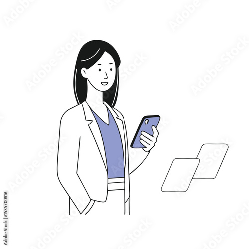 Smiling Asian woman uses her smartphone while wearing a blazer casually at work