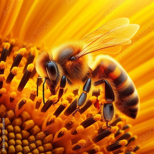 Close Up of a Honeybee on a Vibrant Yellow Sunflower vЂ” The