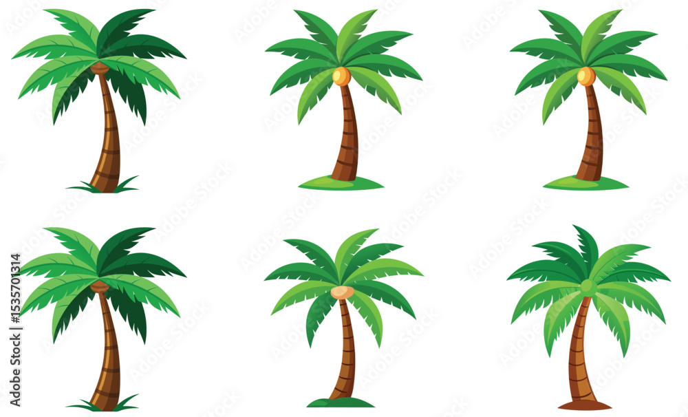 Fototapeta premium Six Cartoon Coconut Palm Trees Tropical Vacation Illustration