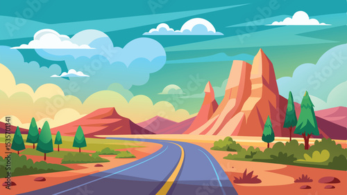 Cartoon Desert Landscape With Blue Road, Mountains, Trees, and Cloudy Sky Vector