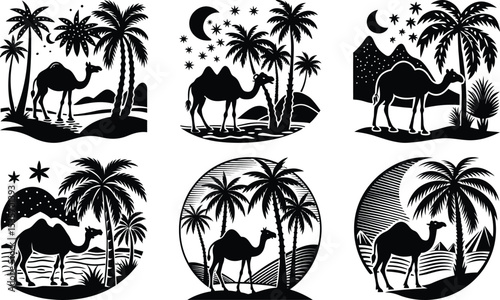Camels Palm Trees Desert Oasis Night Sky