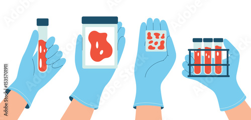 Hands in gloves holding blood samples and test tubes