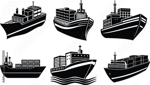 Six Black and White Cargo Ship Illustrations