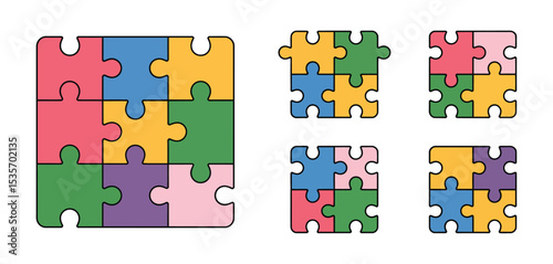 Colorful puzzle pieces set for teamwork and solutions