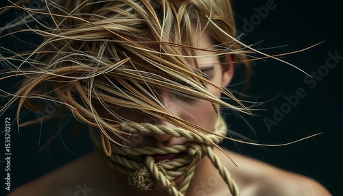 Windswept hair, bound by rope; symbolic of societal constraints,  freedom,  gender photo