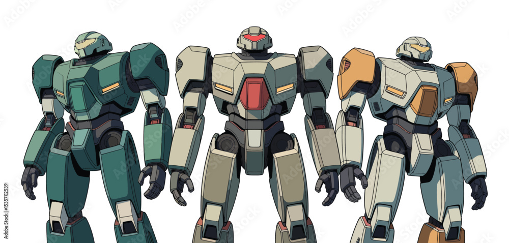 Fototapeta premium Three armored robots in different colors