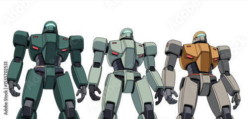 Three armored robots standing in a row