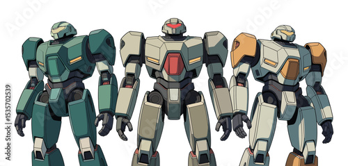 Three armored robots in different colors