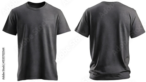 Front and back view of a dark gray t-shirt mockup against a backdrop perfect for showcasing design elements and clothing branding