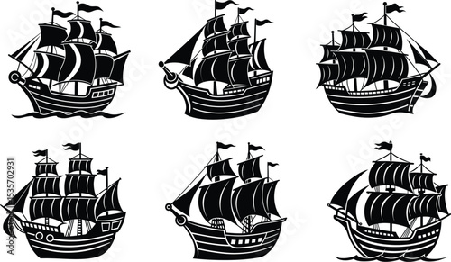 Six Black Galleons Sailing Ships Nautical Illustration